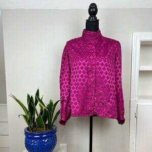Vintage Fuchsia Pink Geometric Print Silky Flowy Puff Sleeve Blouse Button Down